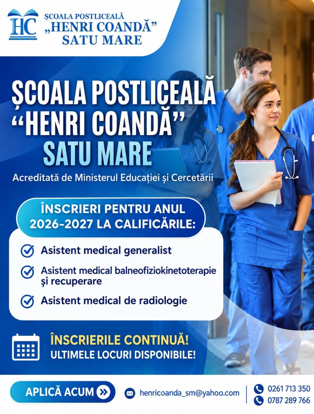 Școala Postliceală „Henri Coandă” Satu Mare continuă înscrierile! Ultimele locuri disponibile pentru viitorii asistenți medicali!